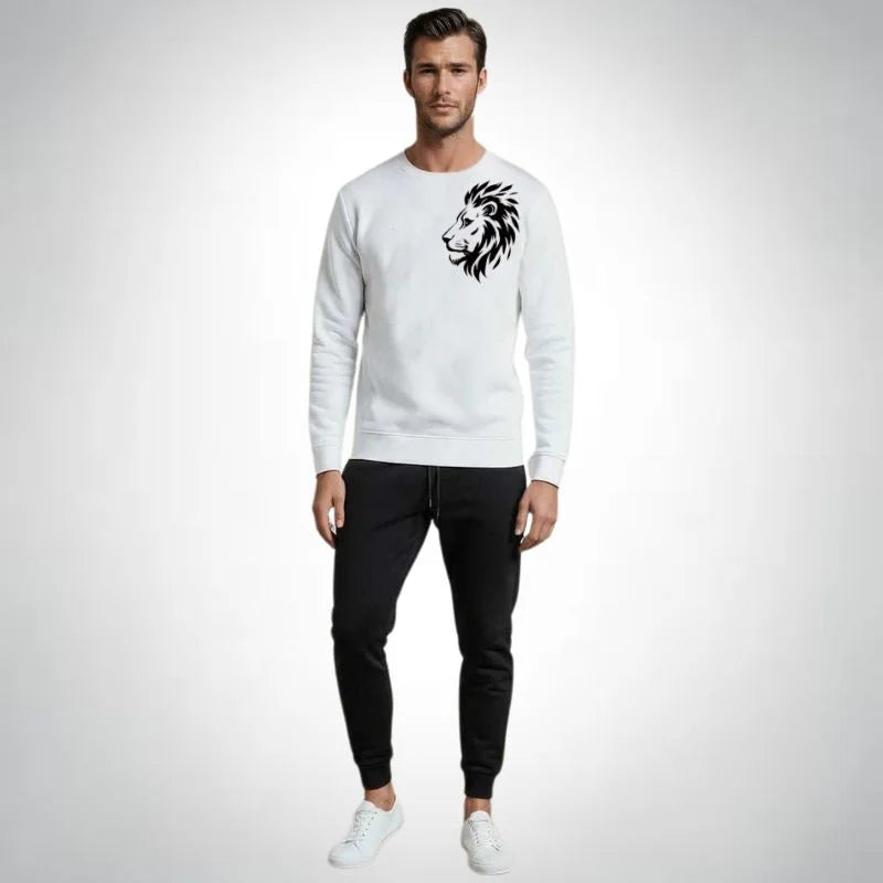 LION Printed White Tracksuit Sweatshirt & Trouser  | Warm & Comfortable Winter Wear | XL NB Collection Shop