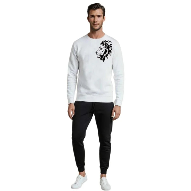 LION Printed White Tracksuit Sweatshirt & Trouser  | Warm & Comfortable Winter Wear | XL NB Collection Shop