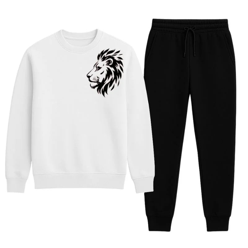LION Printed White Tracksuit Sweatshirt & Trouser  | Warm & Comfortable Winter Wear | XL NB Collection Shop
